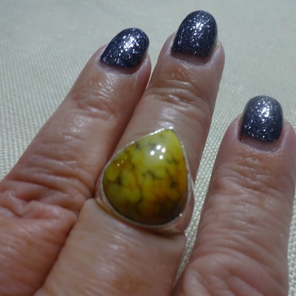 Gorgeous "YELLOW DENDRITE OPAL" Handmade Sterling Ring Size 9.25 #445B - Picture 3 of 3